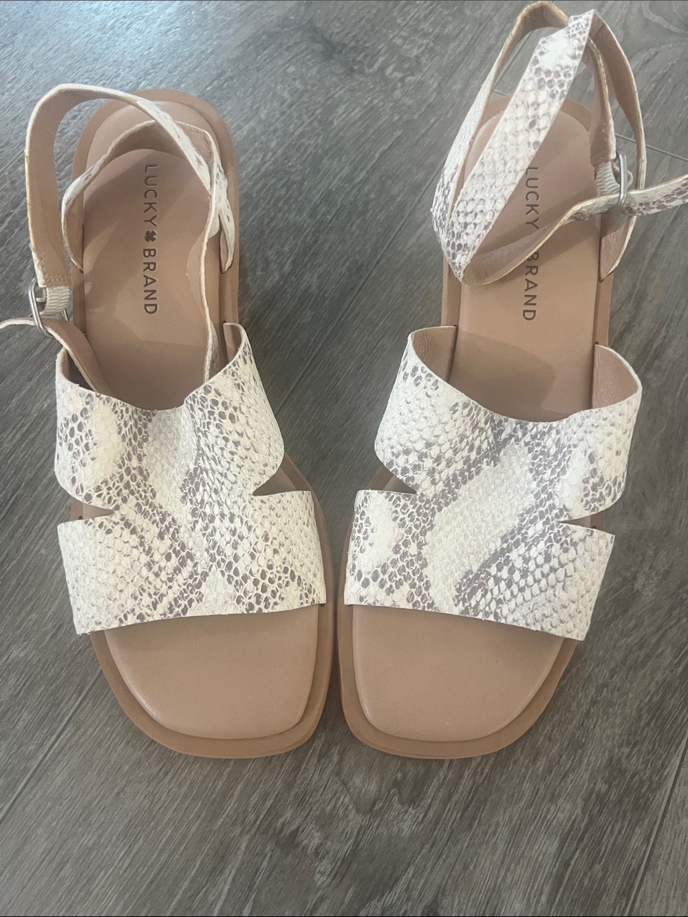 Lucky Brand White Snake-Print Strappy Sandals